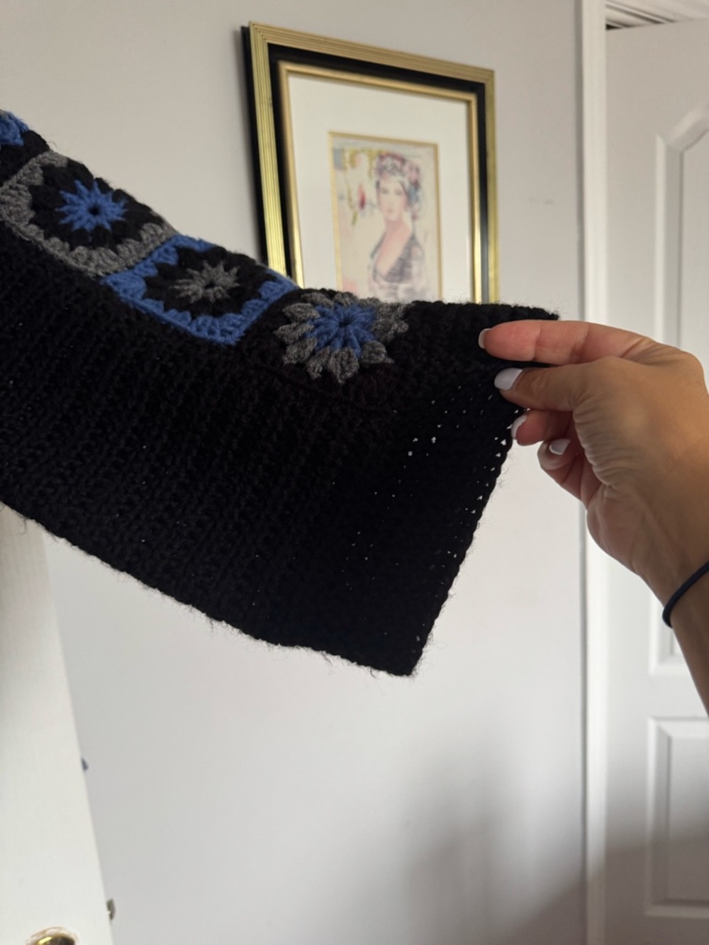 Hand Crafted Black Crochet Patchwork Cardigan with Blue and Gray Motifs. Ptp 27 - Picture 6 of 11